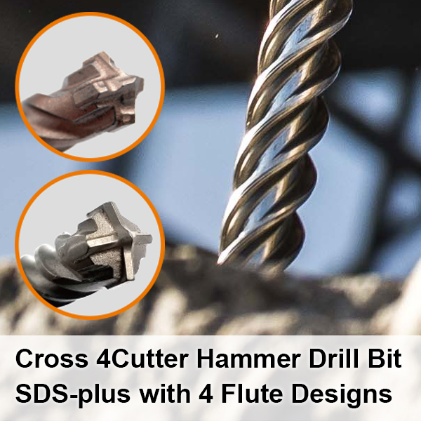 Cruz 4Cutter Hammer Drill Bit SDS-PLUS con 4 diseños de flauta